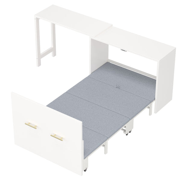 English Elm Twin Size Murphy Chest Bed With Foldable Cushion & Adjustable Desk - Space-Saving White Dresser Unit N733P272603W-GIGA