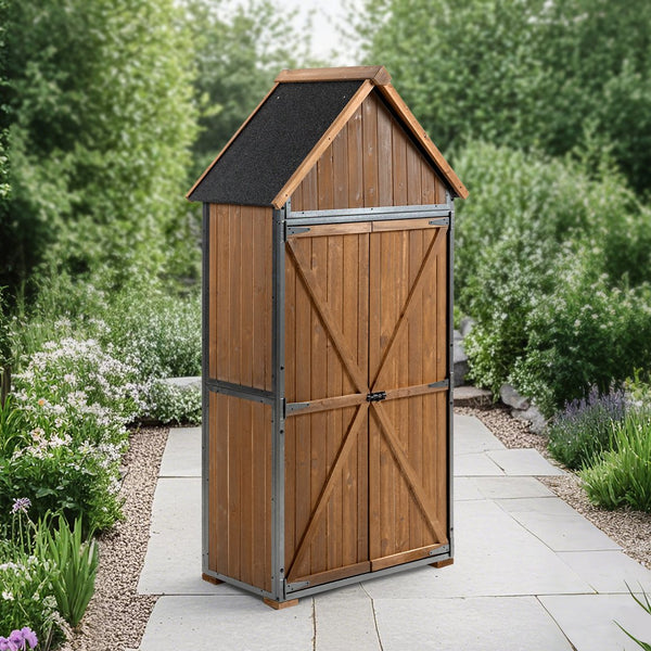 English Elm Outdoor Storage Cabinet with Wood & Metal Frame 32.3"L x 21"W x 67"H Weatherproof Garden Shed Organizer for Patio Lawn Tools and Equipment Brown W1422P284300