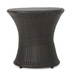 English Elm Christopher Knight Home® - KONO PE Rattan Hourglass Side Table 20" Compact No-Assembly Indoor Outdoor Accent Table Brown Multi 53144.00MBRN