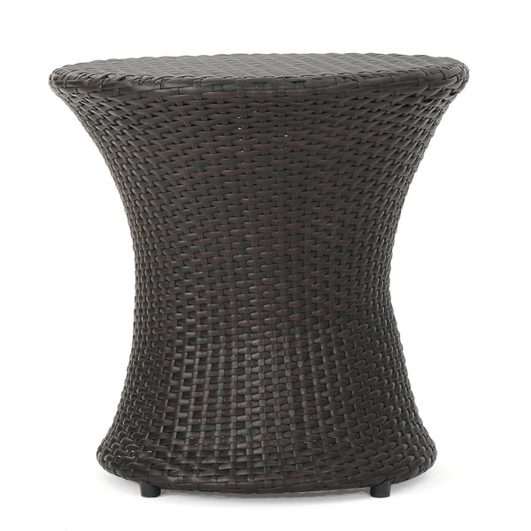 English Elm Christopher Knight Home® - KONO PE Rattan Hourglass Side Table 20" Compact No-Assembly Indoor Outdoor Accent Table Brown Multi 53144.00MBRN