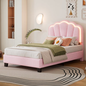 English Elm Twin Flower-Shape Upholstered Bed with LED Headboard, Pink Sherpa Platform Twin Bed for Kids Room Cozy Chic N733P177307H