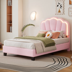 English Elm Twin Size Upholstered Flower-Shape Bed, Elegant Flowers Headboard With Led Light Strip ,Sherpa Fabric Platform Bed With Wooden Slats Support, Pink