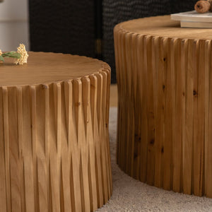 English Elm Vintage Cylindrical Nesting Coffee Table Set, Textured Embossed Wood Accent Tables for Living Room Natural W757P195740