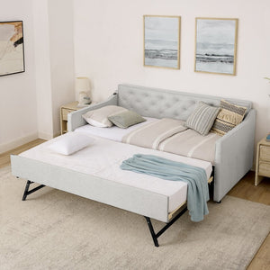 English Elm Twin Linen Tufted Daybed with Pop up Trundle and Usb Port for Guest Rooms W1413S00129