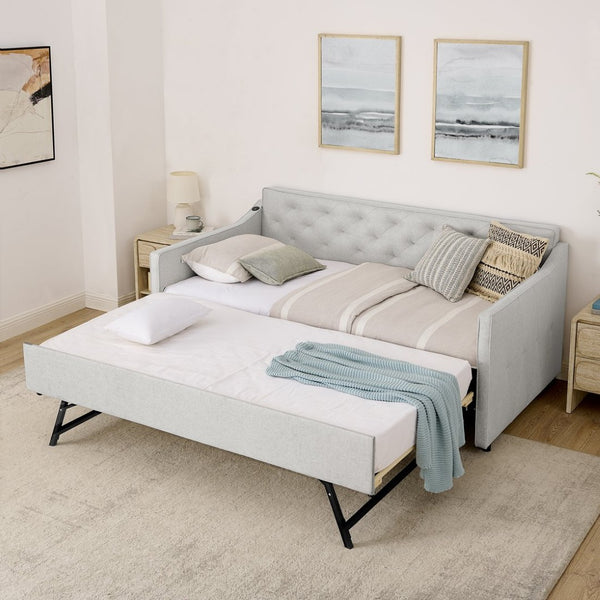 English Elm Twin Linen Tufted Daybed with Pop up Trundle and Usb Port for Guest Rooms W1413S00129