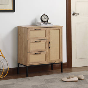 English Elm Mid Mid - Century Style Storage Cabinet with Rattan Doors, 3 Drawers, Adjustable Shelves, Natural Finish W3151P288918