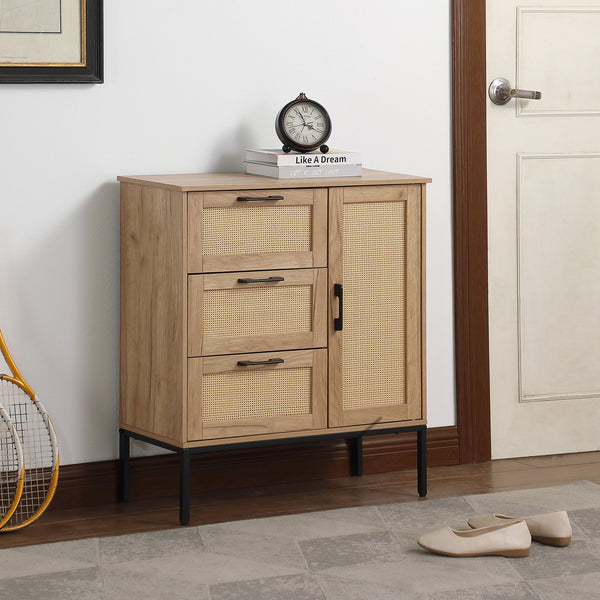 English Elm Mid Mid - Century Style Storage Cabinet with Rattan Doors, 3 Drawers, Adjustable Shelves, Natural Finish W3151P288918