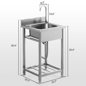 English Elm HOMCOM Stainless Steel Outdoor Utility Sink with Deep Basin, Hot/Cold Faucet & Lower Shelf, 22" W2225P217249