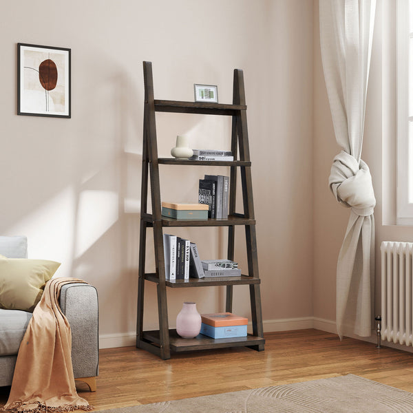 English Elm 5-Tier Ladder Shelf with Rubber Wood Frame and MDF Boards, Space-Saving Bookcase for Home Storage Rustic Brown W2582P195345