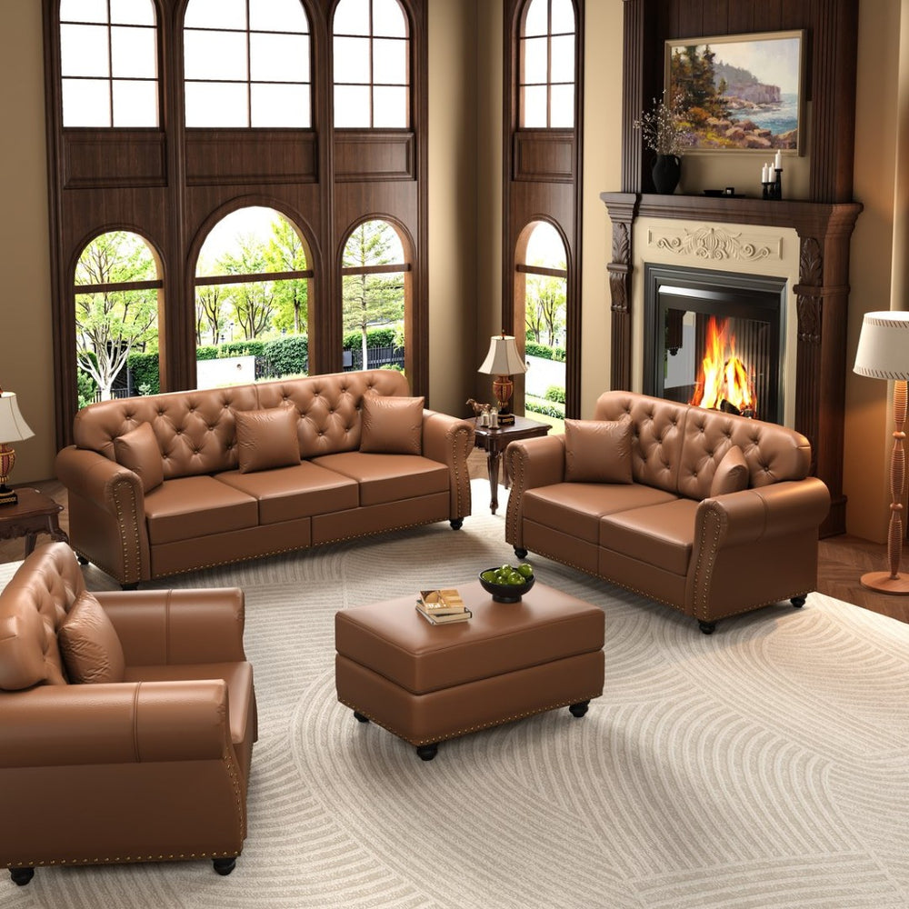 English Elm Upholstered Faux Leather Chesterfield Sofa Button Tufted with Nailhead and Six Pillows Brown W1885S00433