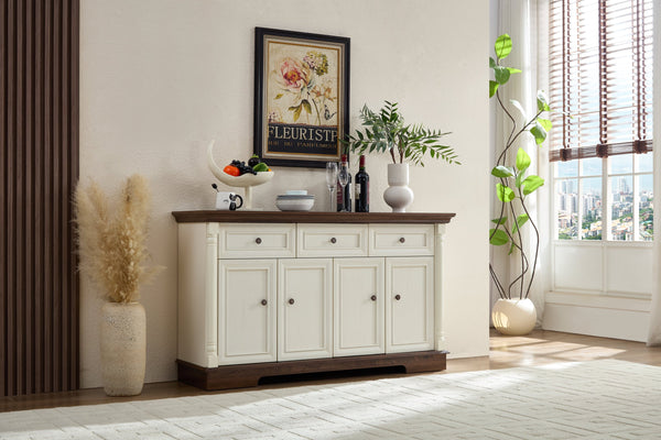 English Elm Farmhouse Large Storage Cabinet With Roman Columns, Versatile Wood Buffet & Wine Cooler Stand W2393P300547