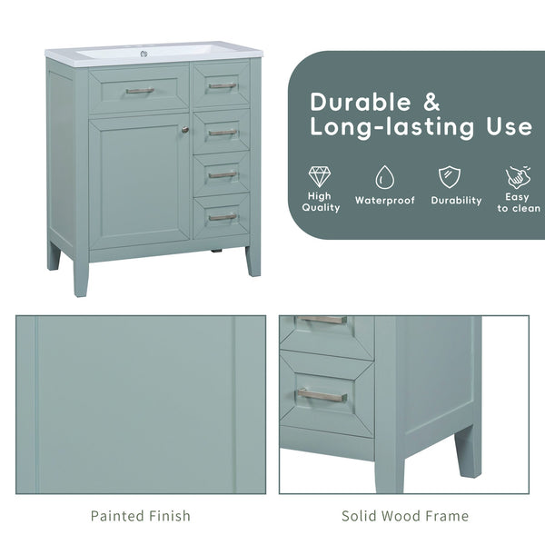 English Elm 30" Green Bathroom Vanity With Sink Combo - Modern Design, Solid Wood, Ample Storage & Easy Install N725S999222F