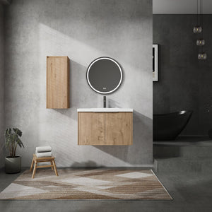 English Elm 30" Wall-Mounted Bathroom Vanity With Resin Sink & Side Cabinet For Modern Space-Saving Style W999S00219