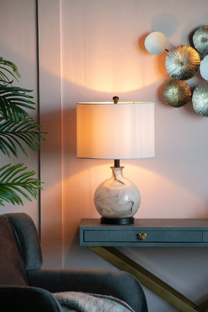 English Elm 14x14x23" Sarris Round Glass Table Lamp White & Grey Swirled Design with White Linen Drum Shade W2078P324068