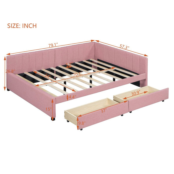 English Elm Full Size Linen Upholstered Daybed with Storage Drawers Sofa Bed for Guest Rooms Pink LP000172AAH-1