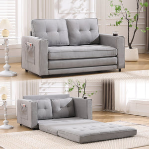 English Elm {VIDEO 3-in-1 Upholstered Futon Sofa Bed Convertible Loveseat with Tufted Back, Cup Holders & Side Pockets Light Gray W2325P183182