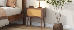 English Elm Rotating Rattan Nightstand Push Open Hidden Storage Mid Century Wood Leg Bedside Walnut N761P288451N