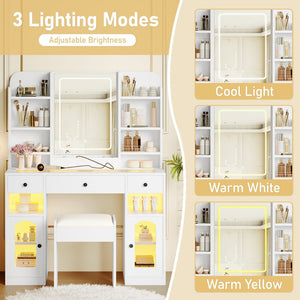 English Elm 43.2" Bedroom Dressing Table with Rgb Lit Glass Cabinets Led Mirror and Charging Station White N704P407114K