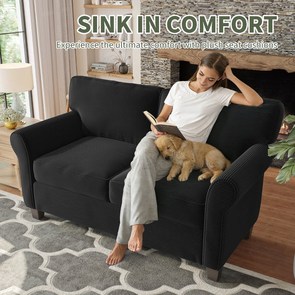 English Elm 57" Corduroy Two Seater Sofa Removable Cushions Solid Wood Frame Compact Living Room Black W2715P433633