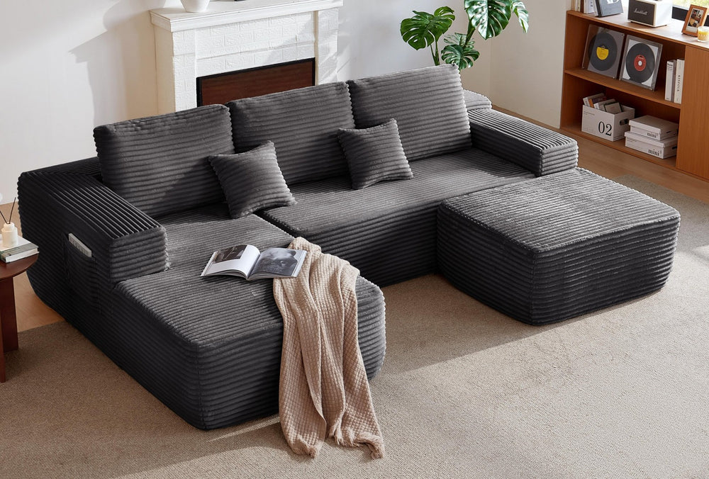 English Elm 104" Cloud Modular Sectional Plush Corduroy Deep Seating Sofa with Built-in Pockets W3975S00037