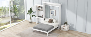 English Elm Queen Size Murphy Bed With Stylish Louvered Design, Multi-Storage Shelves, And Elegant White Finish N7090004018K-GIGA