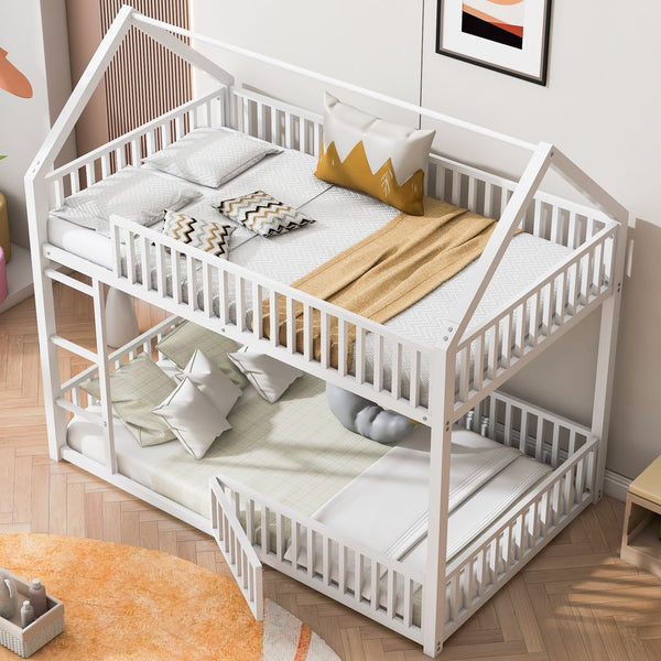English Elm Metal Twin over Twin House Bunk Bed with Playful Roof, Sturdy Metal Frame, Quiet Support for Kids White N709P214091K