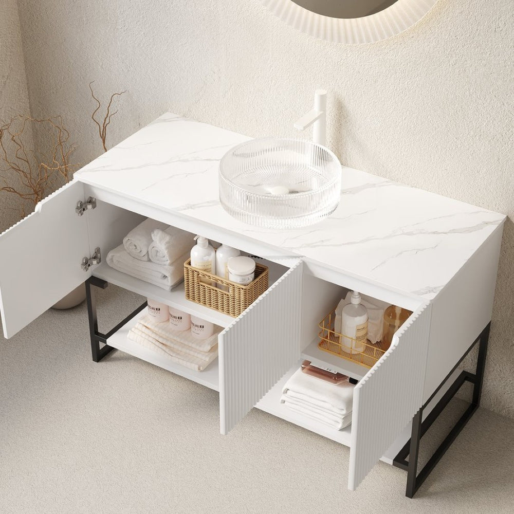 English Elm 48" Freestanding Bathroom Vanity Cabinet Sintered Stone Top Woodgrain Finish Open Shelf W2615S00665