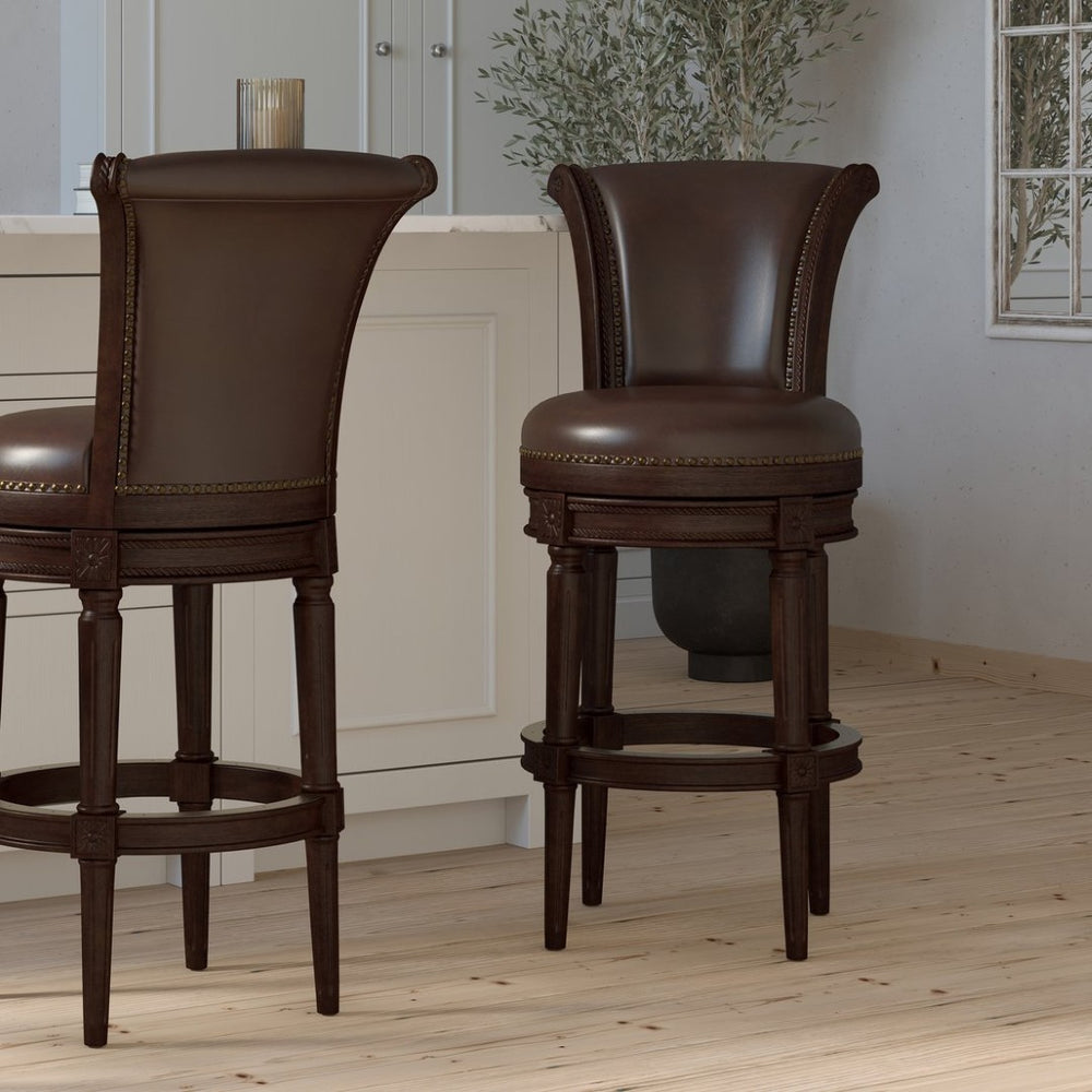 English Elm 31in. Swivel Barstool Faux Leather High Back Nailhead Trim Distressed Walnut Frame B2751P436427