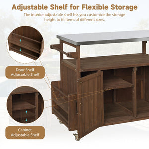 English Elm 54.33" Farmhouse Outdoor Kitchen Cart Solid Fir Frame Steel Top Storage Bbq Prep Brown N767P379702D