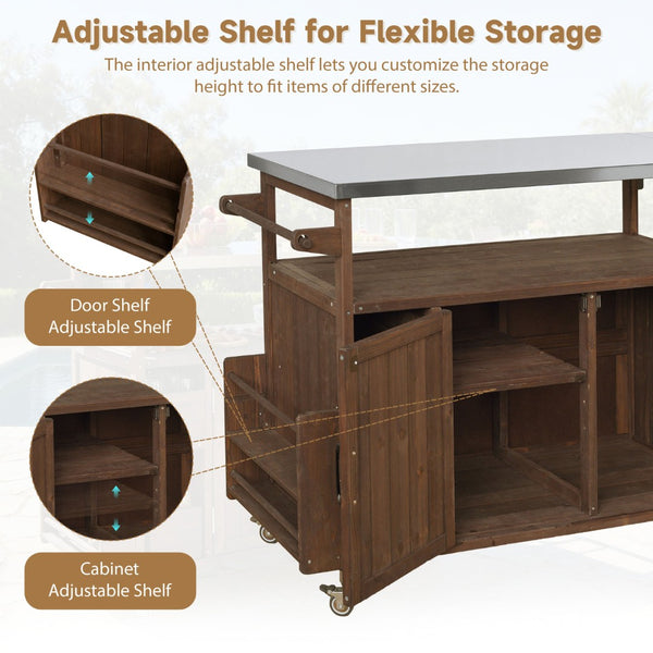 English Elm 54.33" Farmhouse Outdoor Kitchen Cart Solid Fir Frame Steel Top Storage Bbq Prep Brown N767P379702D