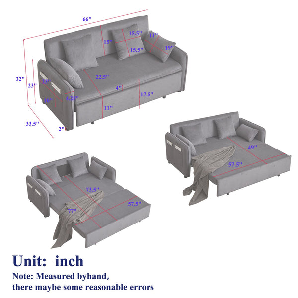 English Elm FX'' 66 Inch Sleeper Sofa Bed 3-in-1 Convertible Pullout Sofa with Plush Corduroy, 4 Pillows, Pockets Grey W1926S00059