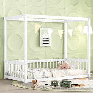 English Elm Twin Canopy Frame Floor Bed With Guardrails – Charming White Design For Cozy Kids' Rooms & Playtime W504P143278-GIGA