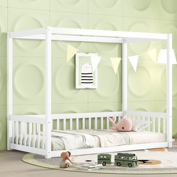 English Elm Twin Canopy Frame Floor Bed With Guardrails – Charming White Design For Cozy Kids' Rooms & Playtime W504P143278-GIGA