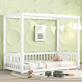Twin Size Canopy Frame Floor Bed with Fence, Guardrails, White