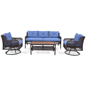 English Elm GO 4 Pieces Outdoor Acacia Wood Sofa Set with Removable Cushions, Woven Armrests & Coffee Table Blue N704G201247C