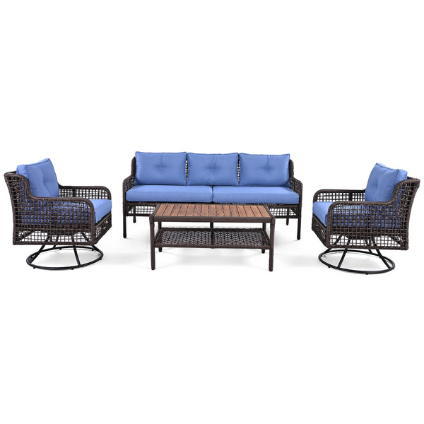 English Elm GO 4 Pieces Outdoor Acacia Wood Sofa Set with Removable Cushions, Woven Armrests & Coffee Table Blue N704G201247C