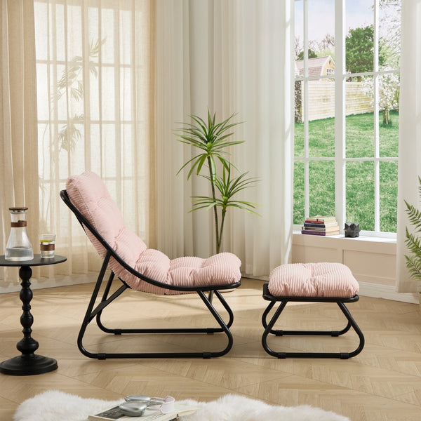 English Elm Patio Sling Lounge Chair with Ottoman Steel Frame Corduroy Cushion Indoor Outdoor W640P443497