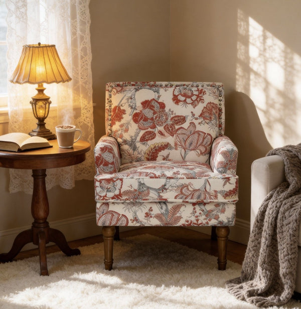 English Elm Accent Slipper Chair Botanical Tapestry Upholstery Nailhead Trim Solid Wood Legs Farmhouse Red W5568P445702