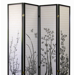 English Elm 70" Tall 4-Panel Folding Screen, Elegant Floral Design With Black Finish For Stylish Room Privacy B072115973