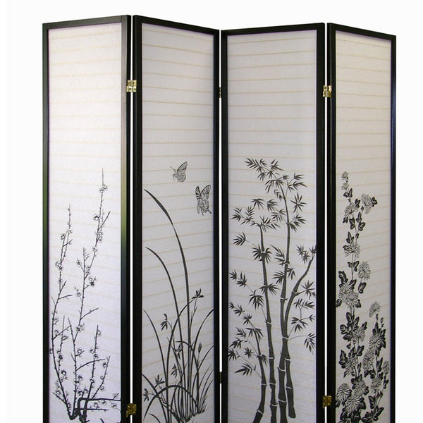 English Elm 70" Tall 4-Panel Folding Screen, Elegant Floral Design With Black Finish For Stylish Room Privacy B072115973