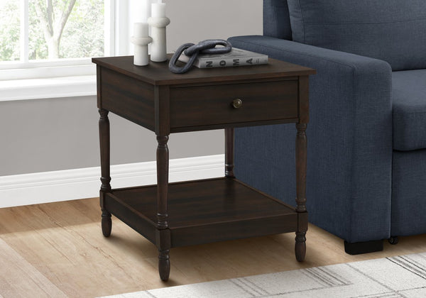 English Elm Accent Square Two-Tier Table with Grooved Top and Turned Legs, Compact Nightstand with Shelf, Brown Veneer Walnut 28 L x 25 W x 8 H B2710P219483