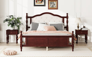 English Elm Queen Pine Wood Bed Upholstered Headboard Panel Footboard Classic Cherry Finish W504P181801
