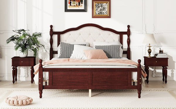 English Elm Queen Pine Wood Bed Upholstered Headboard Panel Footboard Classic Cherry Finish W504P181801