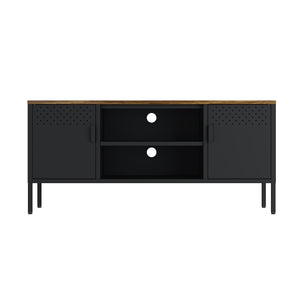 English Elm Landen 47" Metal Storage Cabinet with Wood Top and Cable Management — Sleek Industrial TV Console, Adjustable Legs Black B365P397848