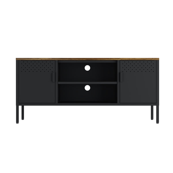 English Elm Landen 47" Metal Storage Cabinet with Wood Top and Cable Management — Sleek Industrial TV Console, Adjustable Legs Black B365P397848