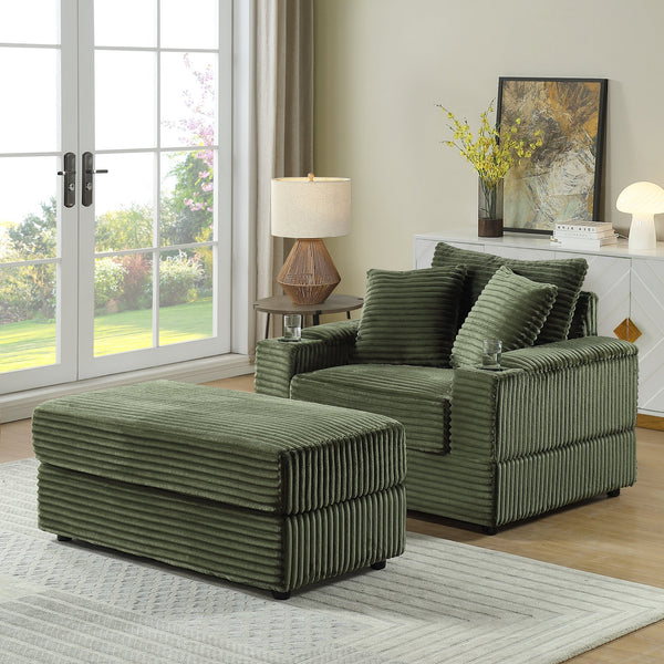 English Elm sofa Oversized Corduroy Deep-Seat Chaise with Ottoman and Lumbar Support — Plush, Sturdy Comfort Green W1420S00012