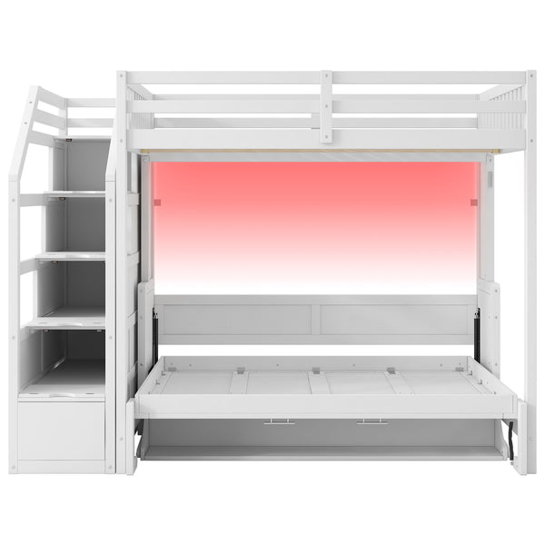 English Elm Full XL Loft Bed with Storage Staircase & Murphy Bed, Solid Pine, LED Light, Space-Saving White N7090004017K