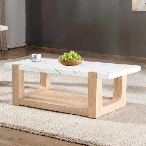 English Elm Modern Contemporary Coffee Table 48"W x 26"D x 18"H Faux Marble Top Two-Tone Sleek Accent Piece Natural,White 52 L x 30 W x 11 H B2741P402576