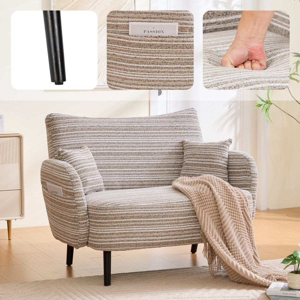 English Elm Modern tufted two-seater sofa with boucle upholstery, tapered legs, storage pockets, cozy compact design khaki W395P376587
