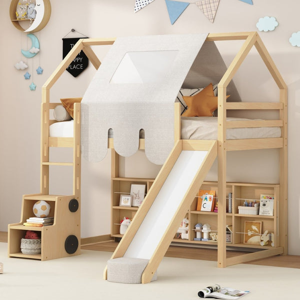 English Elm Twin House Loft Bed with Tent Canopy Slide and Shelves Pinewood Kids Frame Natural LT000682AAD